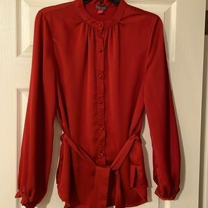 Vince Camuto Red Long-Sleeve Button Front Blouse with Tie Waist
